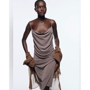 Zara Cowl Neck Strappy Slinky Midi Dress Size Large Brown Taupe Stretch Pull On
